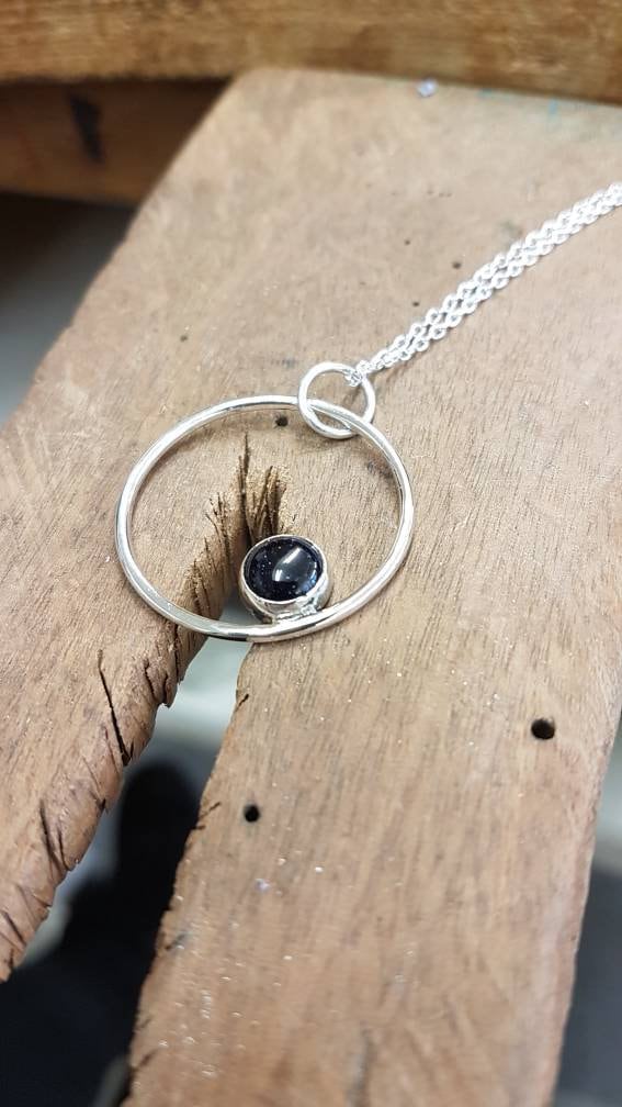 Silver Blue Goldstone Circle Necklace