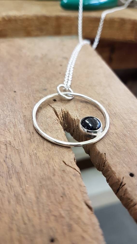 Silver Blue Goldstone Circle Necklace