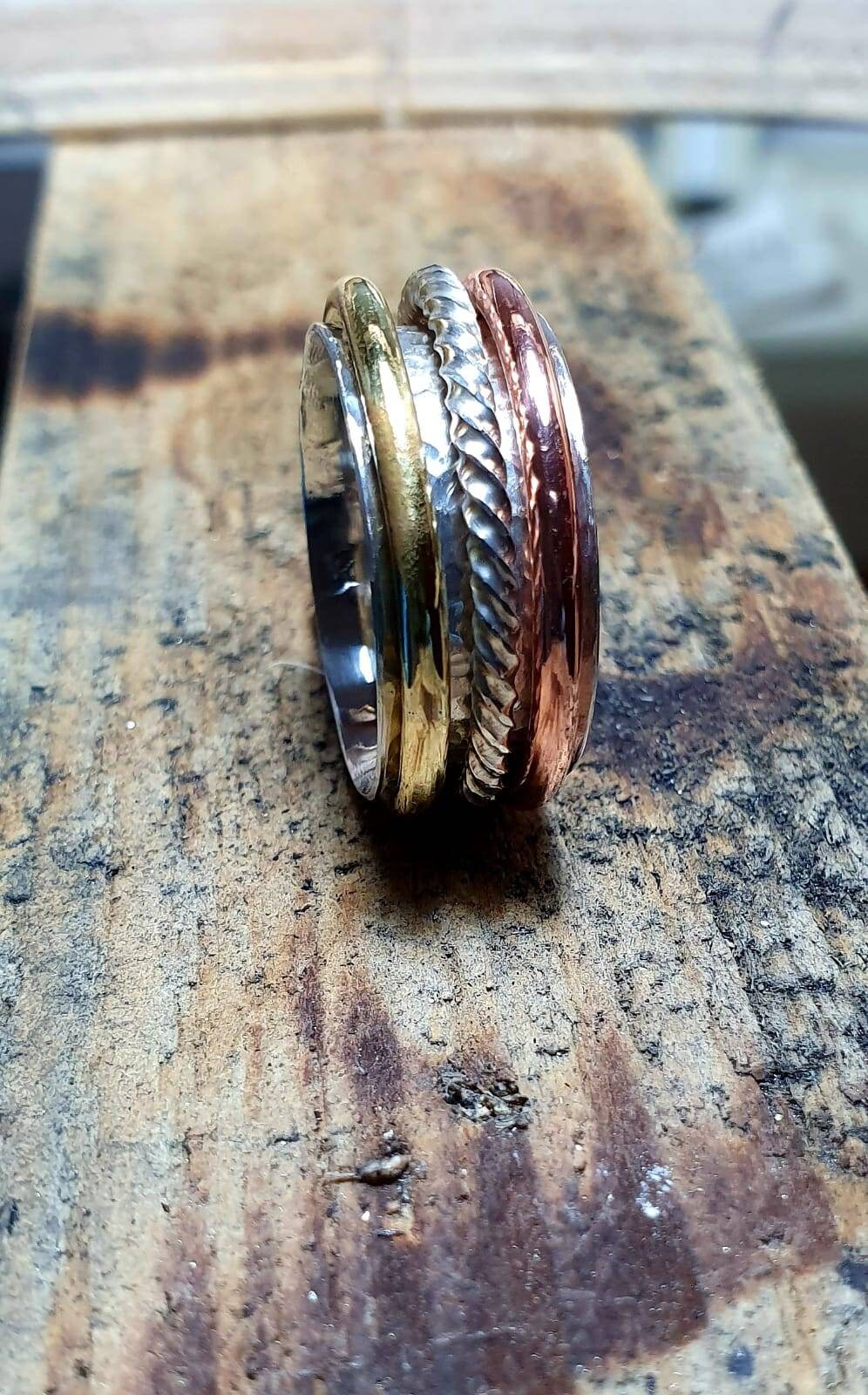 Sterling silver, brass and copper statement spinning Ring