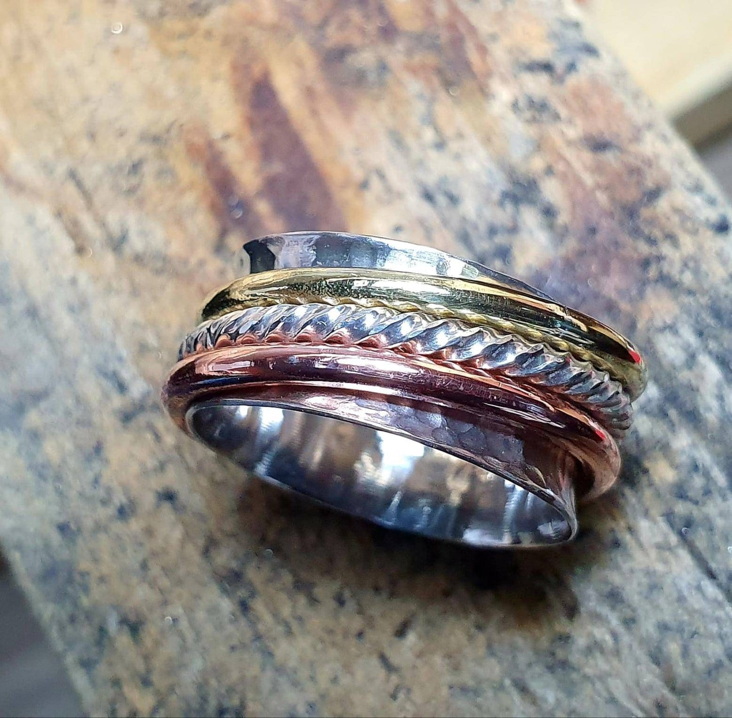 Sterling silver, brass and copper statement spinning Ring
