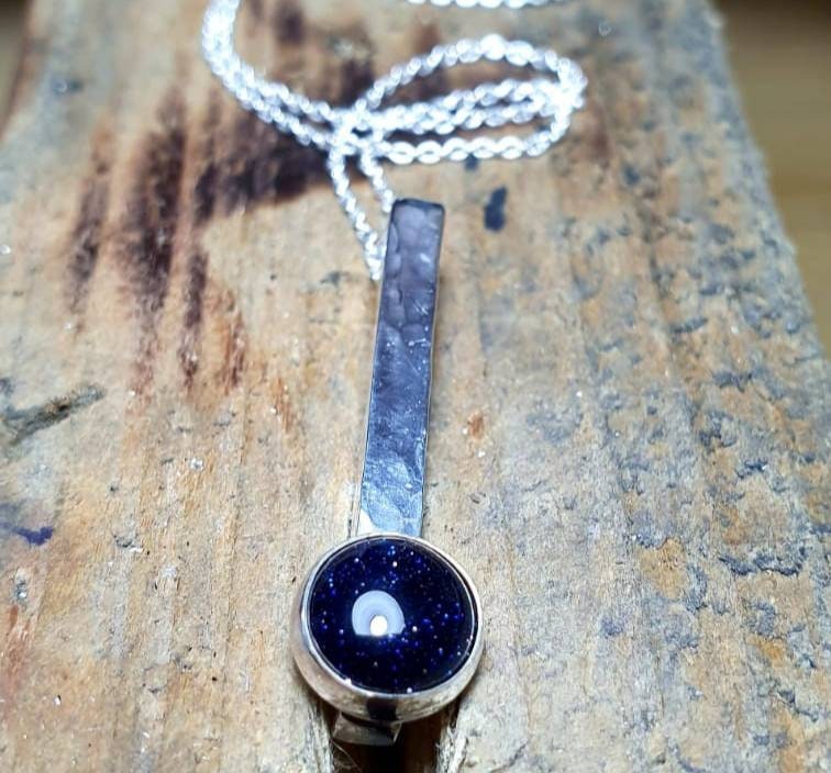 Blue Goldstone Sterling Silver Hammered Bar Pendant