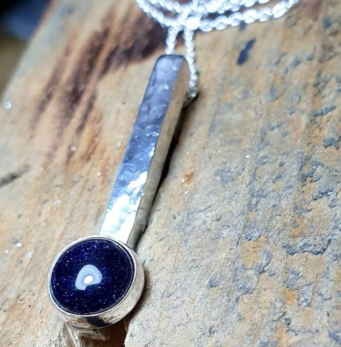 Blue Goldstone Sterling Silver Hammered Bar Pendant