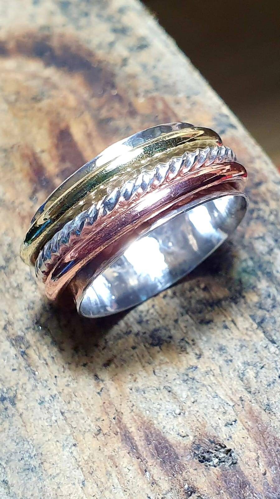 Sterling silver, brass and copper statement spinning Ring